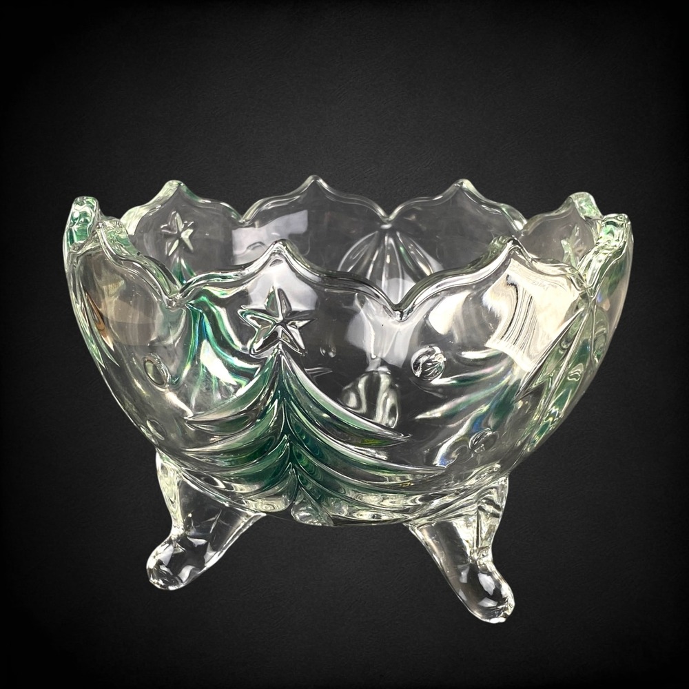 Mikasa Holiday Evergreen Emerald Crystal Christmas Tree Footed Bowl Japan 1990s